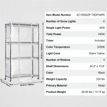 VEVOR Soporte para plantas con luz de cultivo, estante para luz de cultivo con cubierta y termómetro, estante para plantas de 4 niveles de 180 W con luz de cultivo, mini invernadero con luz de espectro completo y temporizador para iniciar semillas