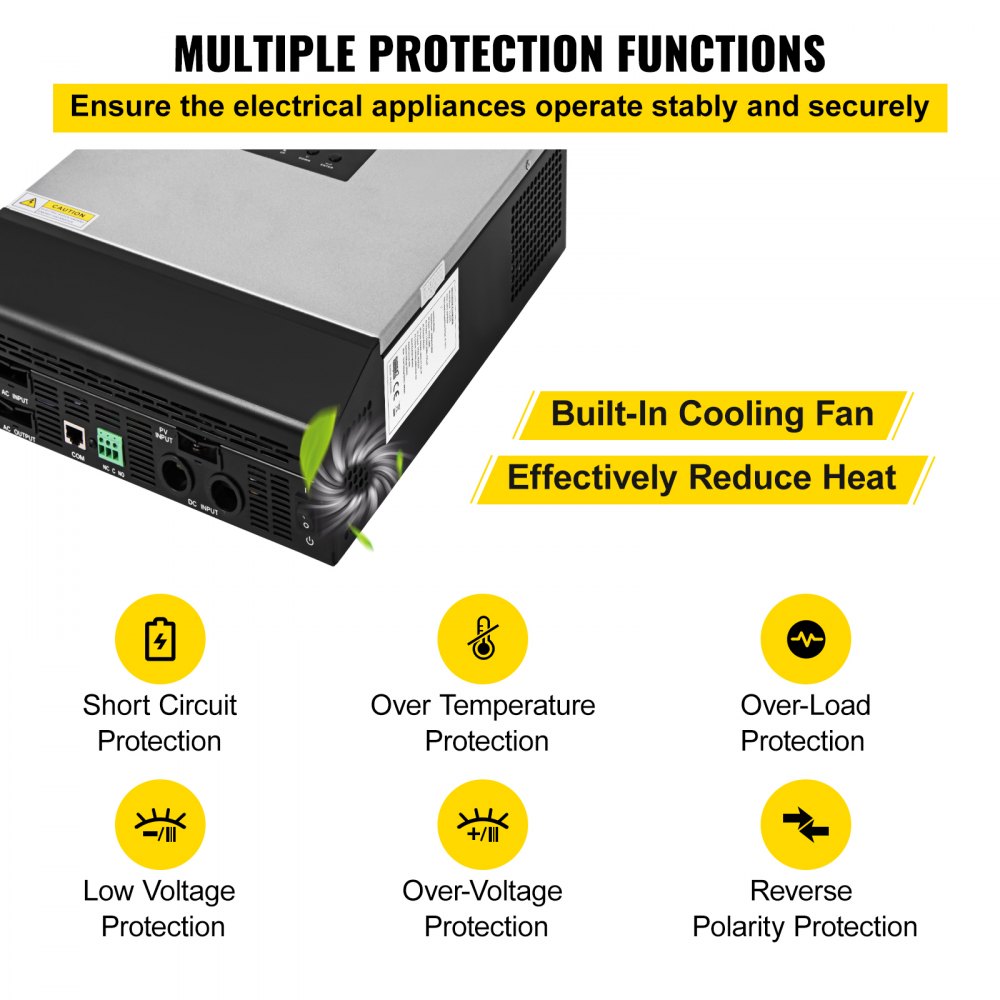 Inversor solar híbrido VEVOR con múltiples funciones de protección y ventilador de refrigeración incorporado.