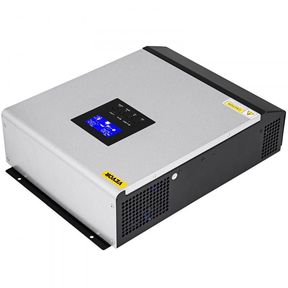 Inversor solar híbrido VEVOR con pantalla LED y carcasa plateada.