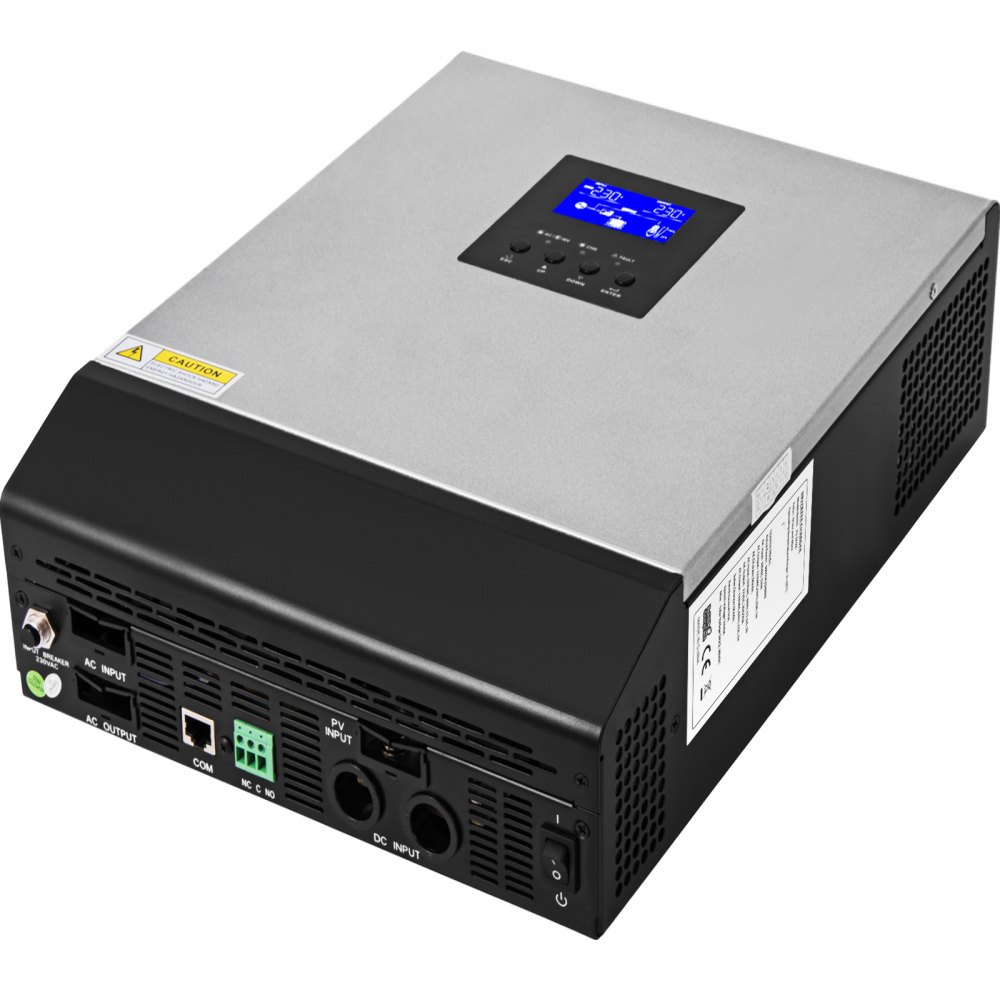 Inversor solar híbrido VEVOR con pantalla LCD azul y múltiples puertos de entrada/salida.