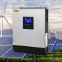 Inversor solar híbrido VEVOR con paneles solares y una turbina eólica como telón de fondo.