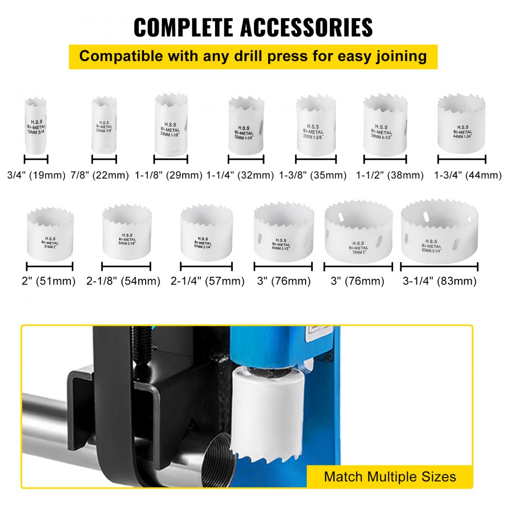 Kit de muescas para tubos VEVOR Muescas para tubos de 60 grados con sierra perforadora bimetálica de 18 piezas de 3/4" -3-1/4" con tubo de caja y muescas para tubos 4 taladros Herramienta para muescas de tubos para cortar agujeros a través de metal, madera y plástico.