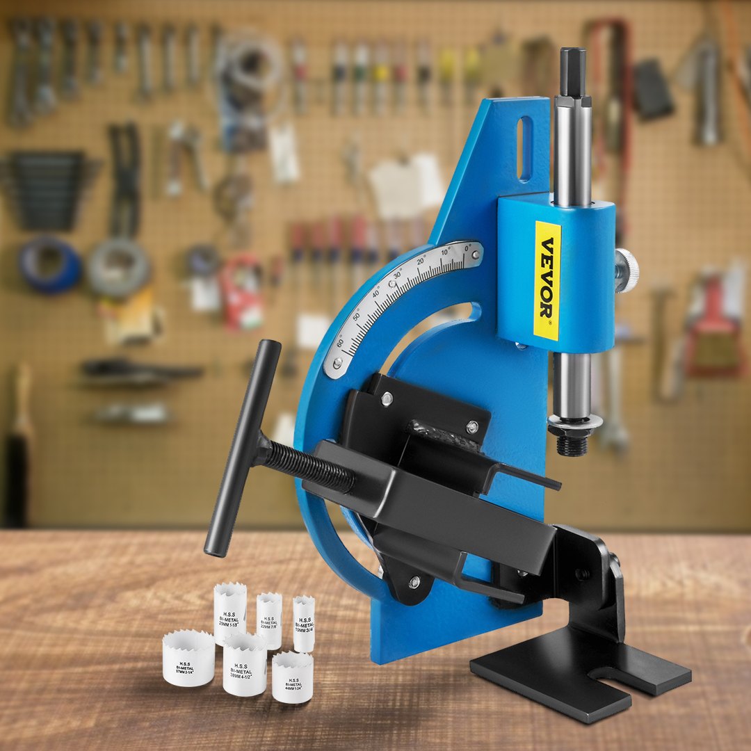 Kit de muescas para tubos VEVOR Muescas para tubos de 60 grados con sierra perforadora bimetálica de 9 piezas de 3/4" -2-1/4" con tubo de caja y muescas para tubos 2 taladros Herramienta para muescas de tubos para cortar agujeros a través de metal, madera y plástico.