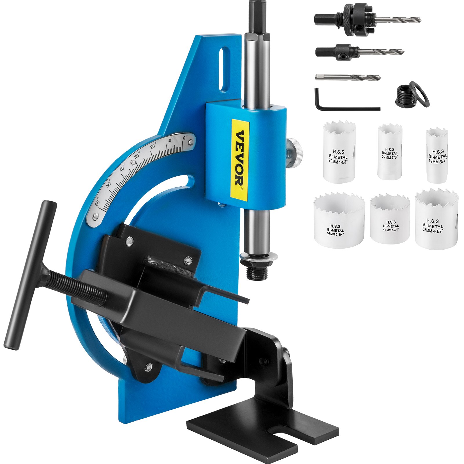 Kit de muescas para tubos VEVOR Muescas para tubos de 60 grados con sierra perforadora bimetálica de 9 piezas de 3/4" -2-1/4" con tubo de caja y muescas para tubos 2 taladros Herramienta para muescas de tubos para cortar agujeros a través de metal, madera y plástico.