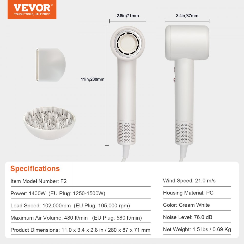 Secador de pelo de alta velocidad VEVOR con motor sin escobillas de 102 000 RPM, secador de pelo de 200 millones de iones negativos, luces LED de 3 colores y 2 velocidades, secador de pelo ligero con difusor y boquilla para viajes en casa