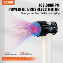 VEVOR Secador de pelo de alta velocidad con motor sin escobillas de 102.000 RPM, secador de pelo de 200 millones de iones negativos, luces LED de temperatura de 3 colores y 2 velocidades, secador de pelo ligero con difusor y boquilla para viajes en casa