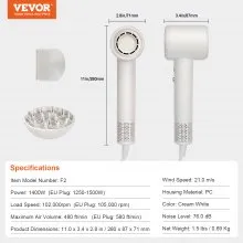 VEVOR Secador de pelo de alta velocidad con motor sin escobillas de 102.000 RPM, secador de pelo de 200 millones de iones negativos, luces LED de temperatura de 3 colores y 2 velocidades, secador de pelo ligero con difusor y boquilla para viajes en casa