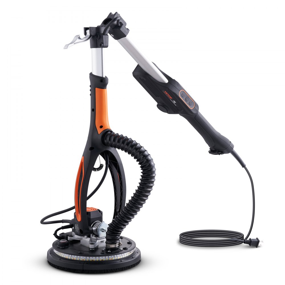 Lijadora de yeso VEVOR, motor eléctrico sin escobillas de 800 W, velocidad variable de 1000 a 2300 RPM, lijadora de techo plegable con luces LED de doble piso, mango extensible y 12 discos de lijado.