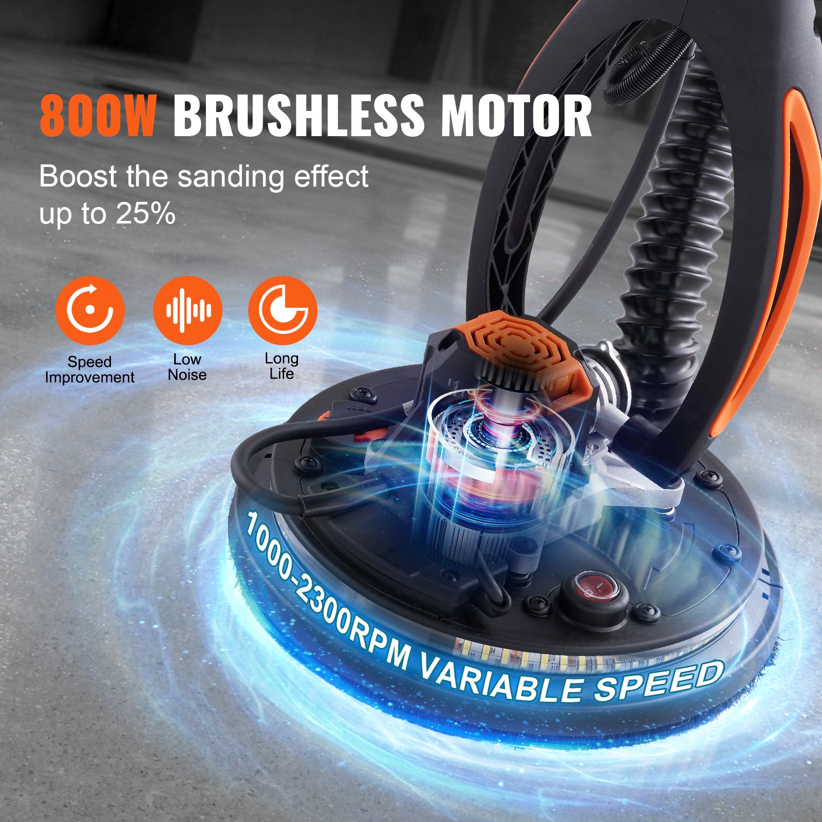 Lijadora de paneles de yeso VEVOR con motor sin escobillas de 800 w, velocidad variable de 1000 a 2300 rpm, mejora de velocidad, bajo nivel de ruido y larga vida útil.