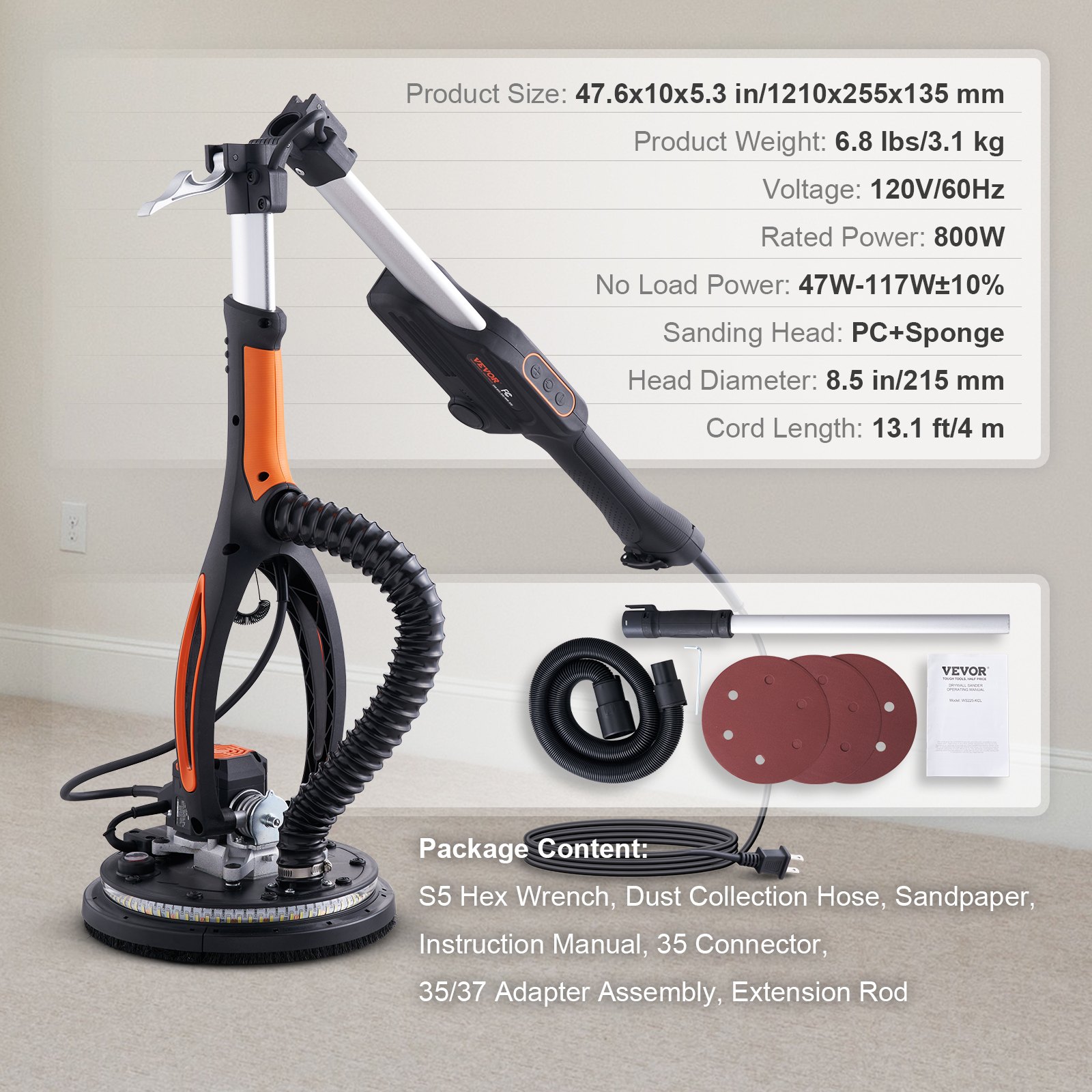 Lijadora de paneles de yeso VEVOR con cabezal de 8,5 pulgadas, cable de 13,1 pies, potencia de 800 W, accesorios: papel de lija, manguera, manual.