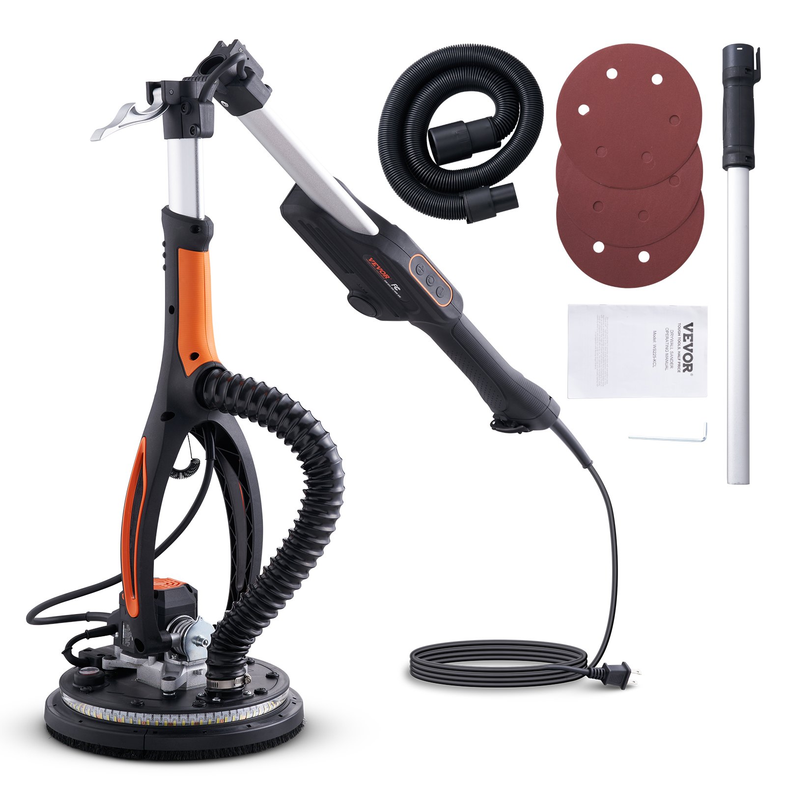 Lijadora de paneles de yeso VEVOR con accesorios, que incluyen discos de lijado, varilla de extensión, manguera y manual.