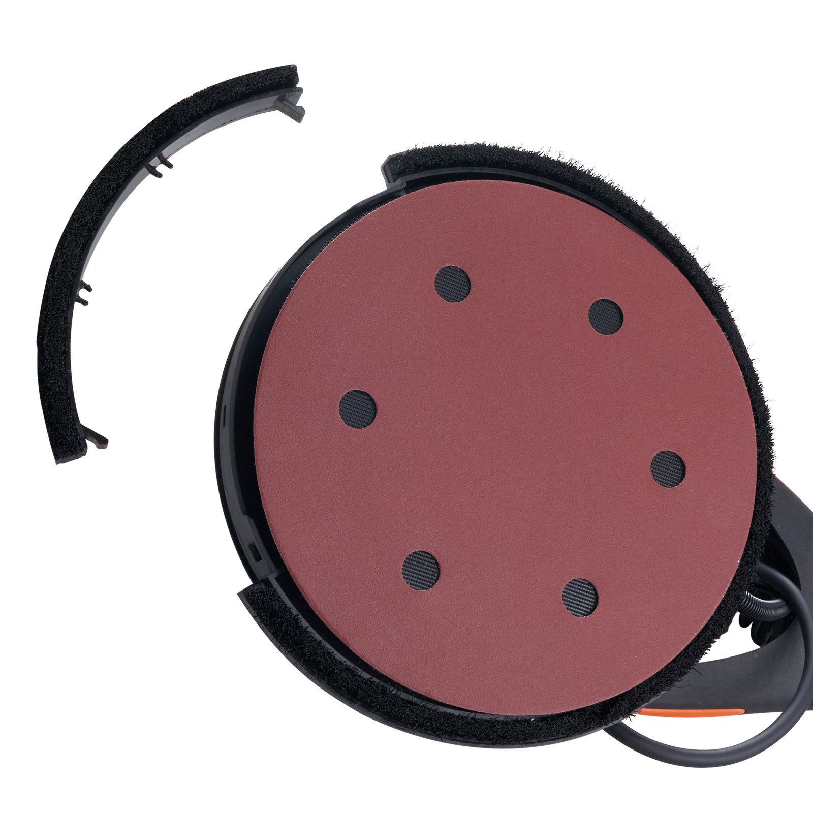 Lijadora para paneles de yeso VEVOR con almohadilla de lijado roja y accesorio circular negro retirados.