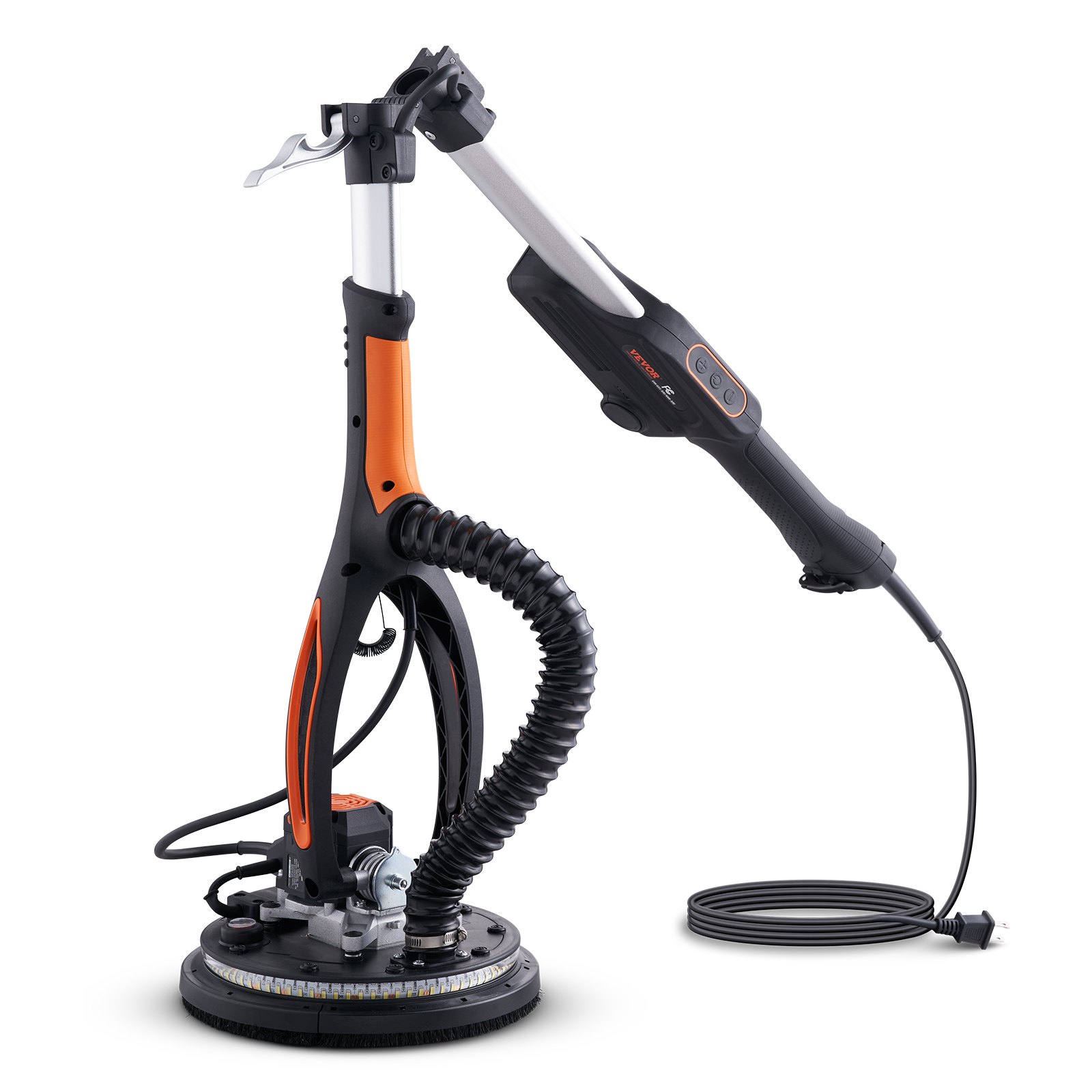 Lijadora de yeso VEVOR, motor eléctrico sin escobillas de 800 W, velocidad variable de 1000 a 2300 RPM, lijadora de techo plegable con luces LED de doble piso, mango extensible y 12 discos de lijado.