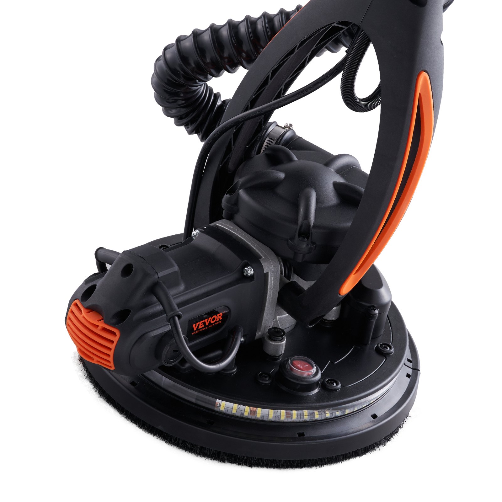 Lijadora de paneles de yeso VEVOR de cerca, diseño negro y naranja con manguera flexible y luces LED.