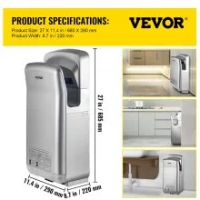 VEVOR Jet Hand Dryer, Premium Electric Commercial Blade Hand Dryer, ABS Air Dryer Hand con filtración HEPA Wall Mount Hand Dryer, 1600W 110V Vertical Hand Dryer, High Speed Automatic Infrared Silver