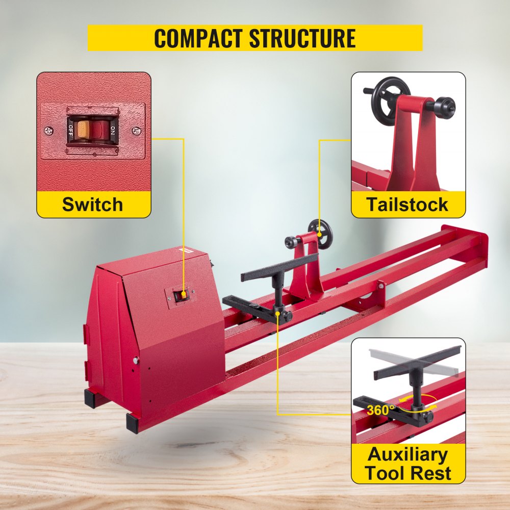 Torno para carpintería VEVOR, modelos de sobremesa de 14'' x 40'', motor de 1 HP, monofásico, velocidades de 810/1180/1700/2480 RPM, incluye 3 cinceles, 3 llaves y más.