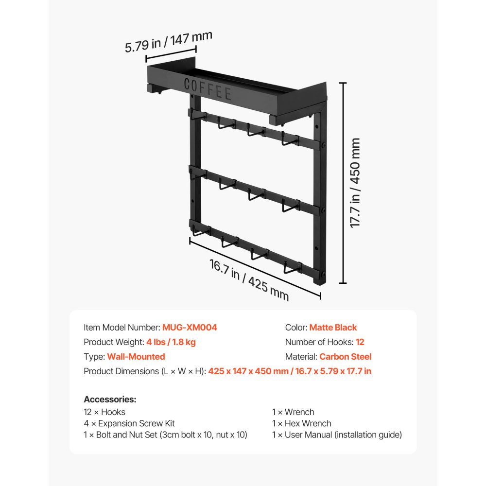 VEVOR - Soporte de pared para tazas de café, 12 ganchos móviles, soporte de acero al carbono con estante superior, accesorio y organizador para barra de café, expositor de tazas para cocina (negro mate)