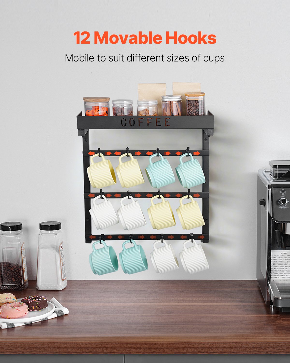 VEVOR - Soporte de pared para tazas de café, 12 ganchos móviles, soporte de acero al carbono con estante superior, accesorio y organizador para barra de café, expositor de tazas para cocina (negro mate)