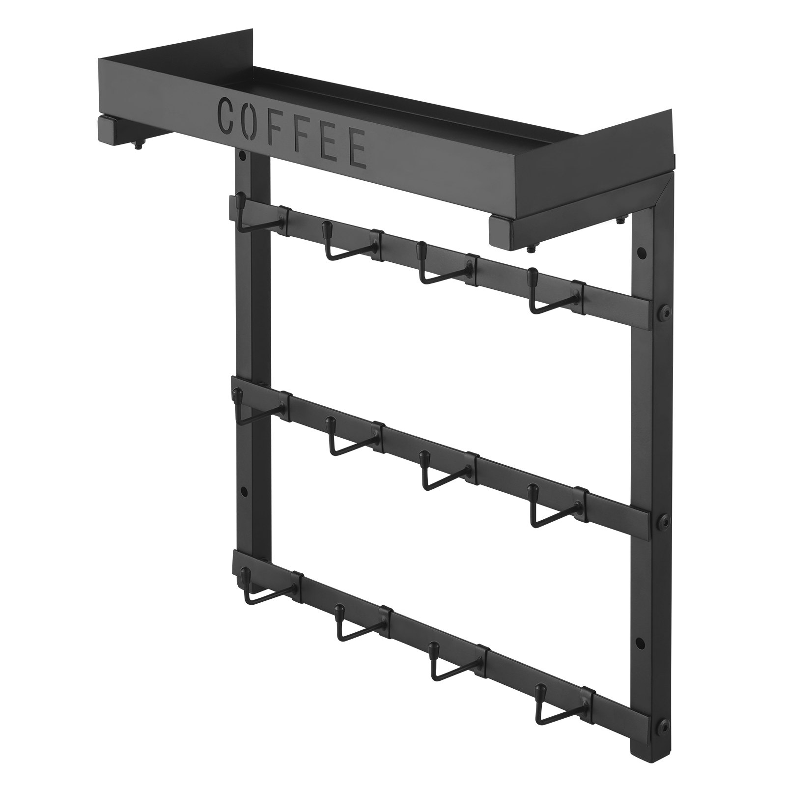 VEVOR - Soporte de pared para tazas de café, 12 ganchos móviles, soporte de acero al carbono con estante superior, accesorio y organizador para barra de café, expositor de tazas para cocina (negro mate)