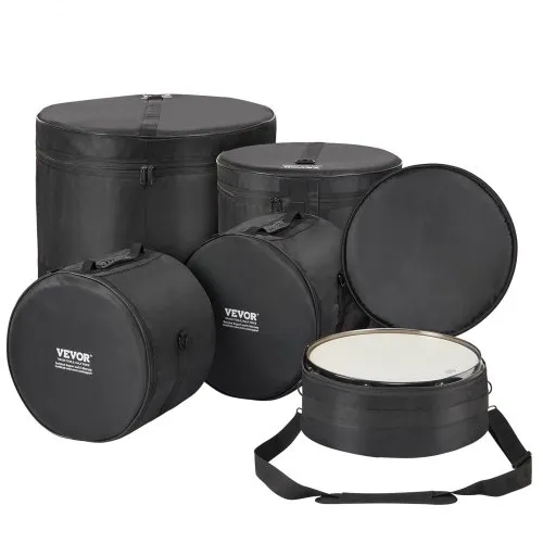 Bolsa de batería VEVOR de 5 piezas, duradera, hecha de material Oxford 1680D, acolchada, con correa de hombro extraíble de 1,5 m y asas de transporte, plegable, compatible con bajos de 22'', toms de 12''/13''/16'' y caja de 14''.