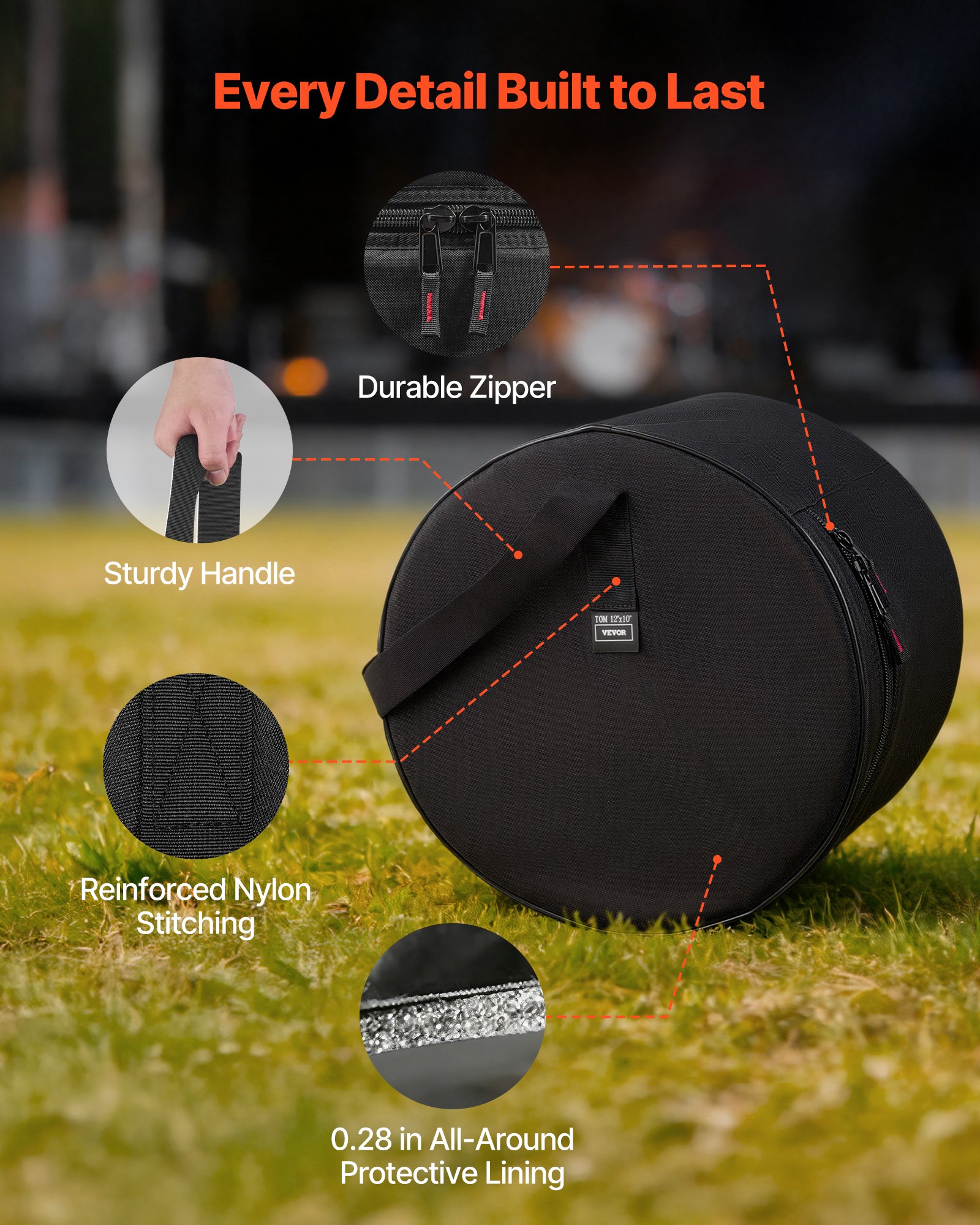 VEVOR Juego de 5 Bolsas de Tambores, Fundas Acolchadas para Toms de 12", 13" y 16", Bombo de 22", Caja de 14", con Correa de Hombro, de 600D Impermeable y Antichoque, para Tambores de Batería, Negro