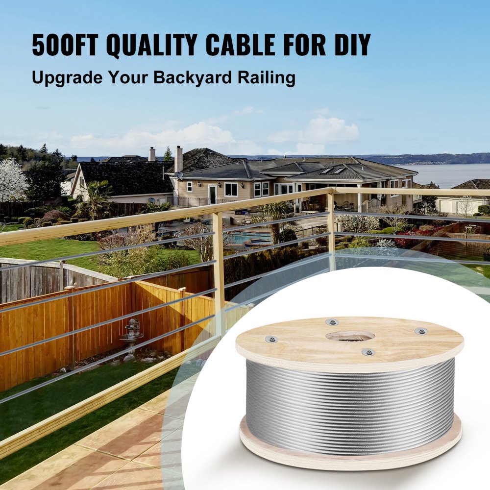 Cable de acero inoxidable VEVOR 316 de 152 m (500 pies) de longitud, cable de acero de 4,7 mm (3/16 pulgadas), cable de acero para barandillas y cubiertas con construcción de 1x19 hebras, resistencia a la rotura de 2133 kg (4700 lb) para escaleras, pasamanos y tendederos.