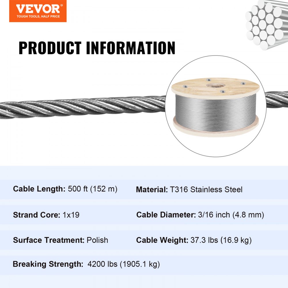 Cable de acero inoxidable VEVOR 316 de 152 m (500 pies) de longitud, cable de acero de 4,7 mm (3/16 pulgadas), cable de acero para barandillas y cubiertas con construcción de 1x19 hebras, resistencia a la rotura de 2133 kg (4700 lb) para escaleras, pasamanos y tendederos.