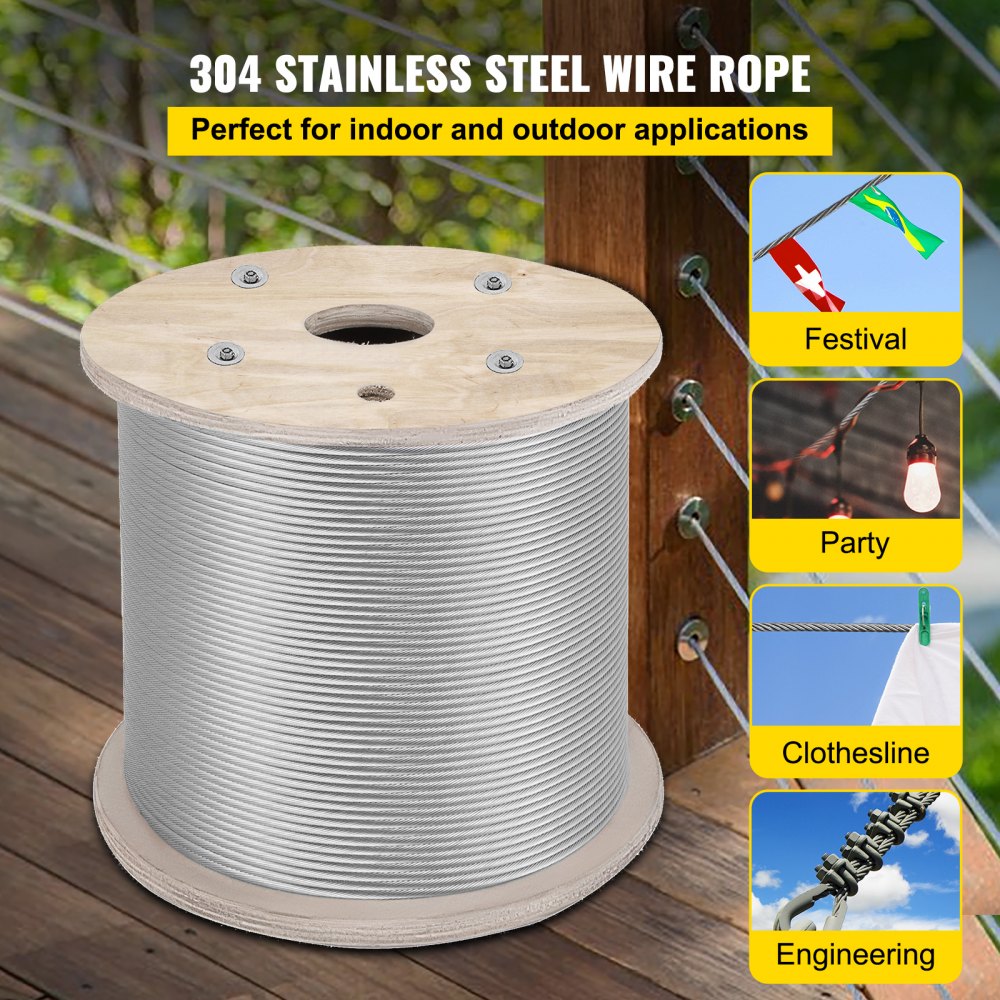 Cable de acero inoxidable VEVOR de 1/4", 200 pies, T304 7x19, núcleo más tenso, sistema de barandillas, cable de acero, kit de barandillas para cubierta de aeronaves, alambre para cercas.