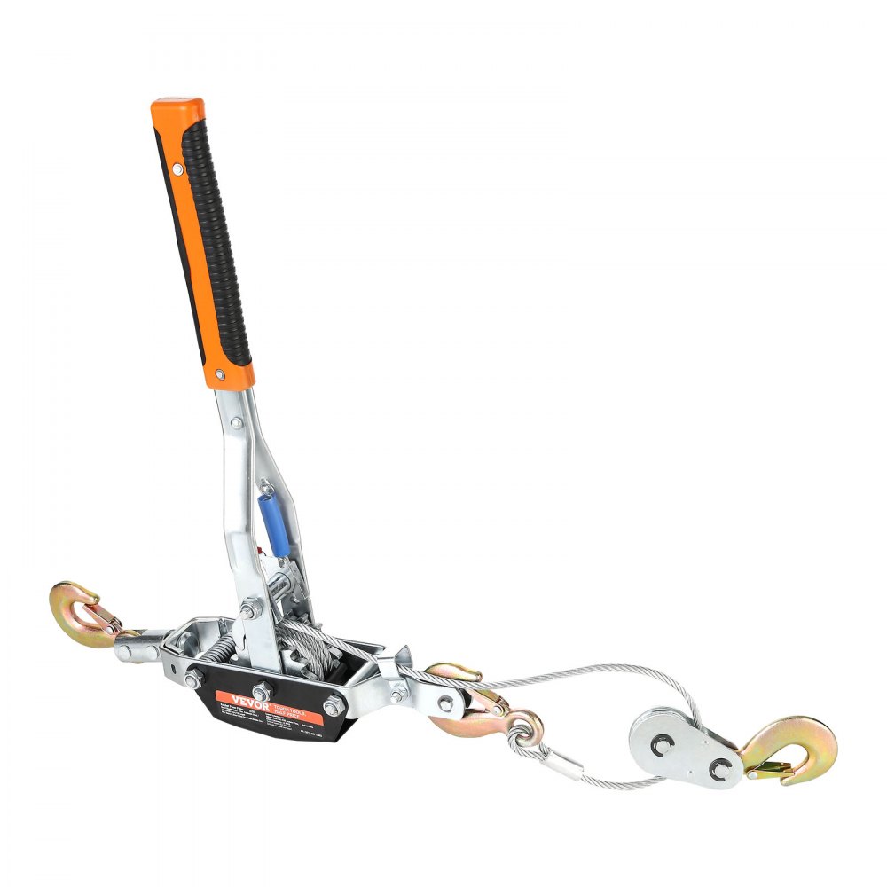 Cabrestante VEVOR con mango naranja que viene con ganchos dobles y cables para tareas de elevación pesadas.