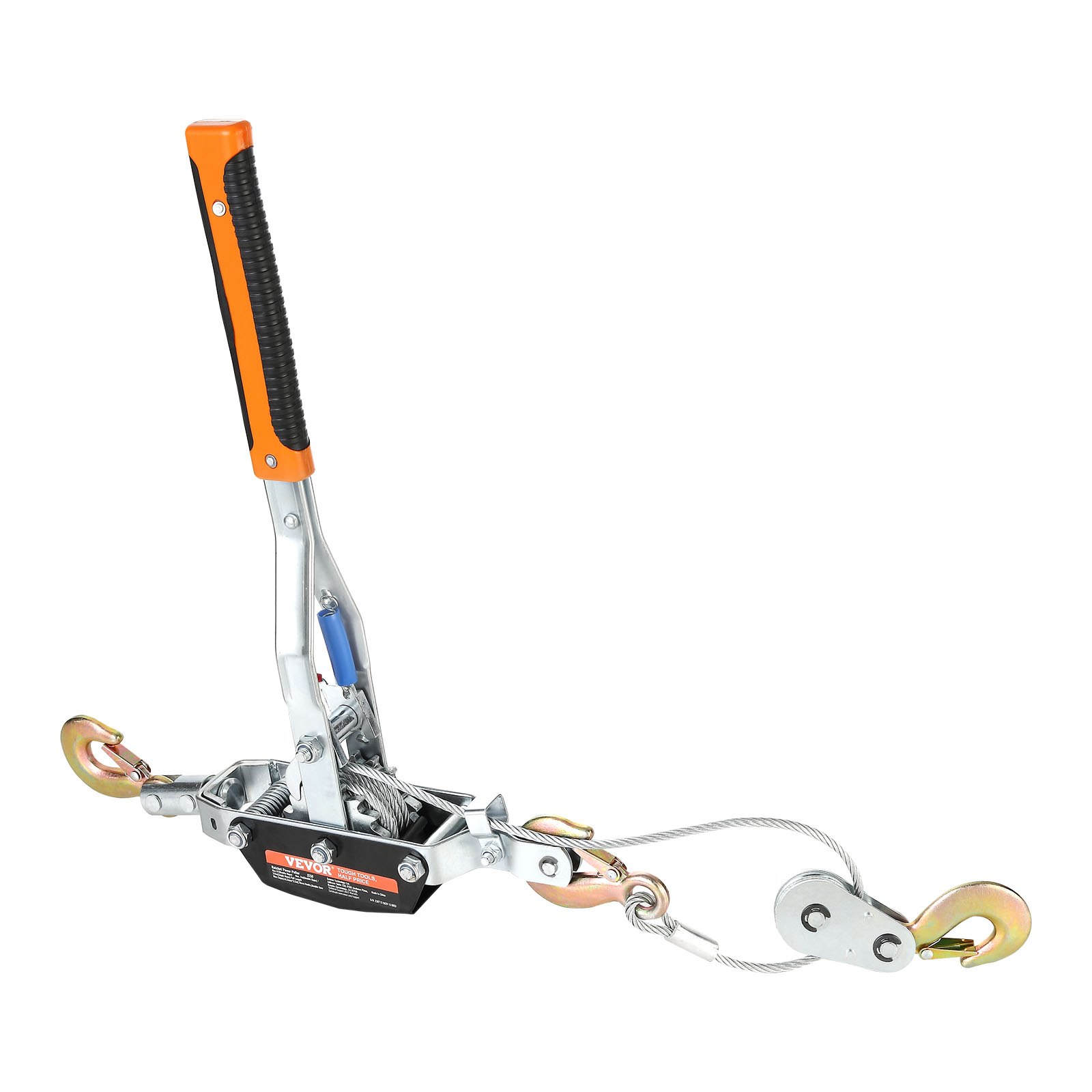 Cabrestante VEVOR con mango naranja que viene con ganchos dobles y cables para tareas de elevación pesadas.