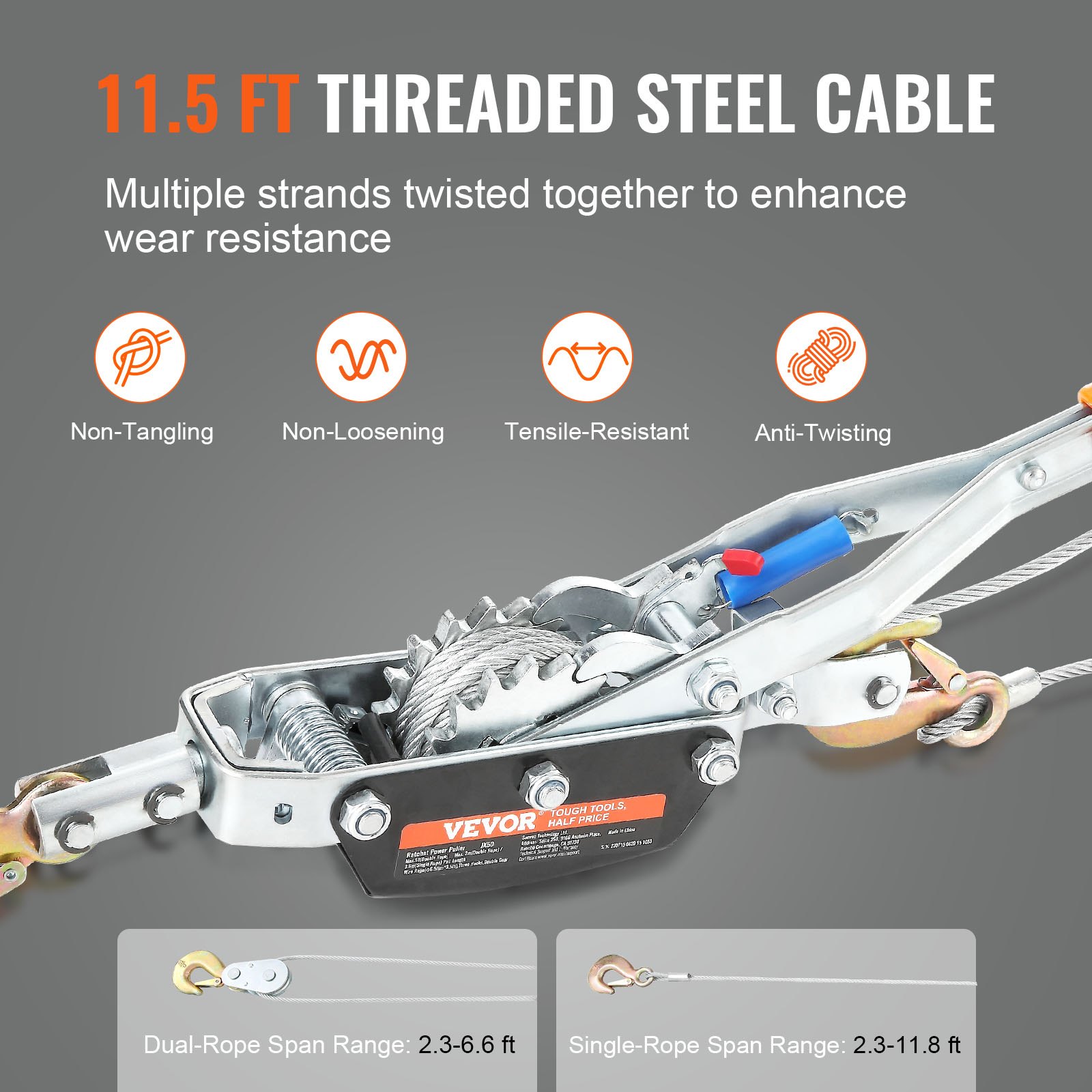 Cabrestante VEVOR Come Along, capacidad de tracción de 5 toneladas (11 023 lb), cable de acero de 11,5 pies, 3 ganchos, herramienta extractora de trinquete resistente con engranajes dobles, extractor de cable de elevación automotriz ideal para rescate de vehículos.