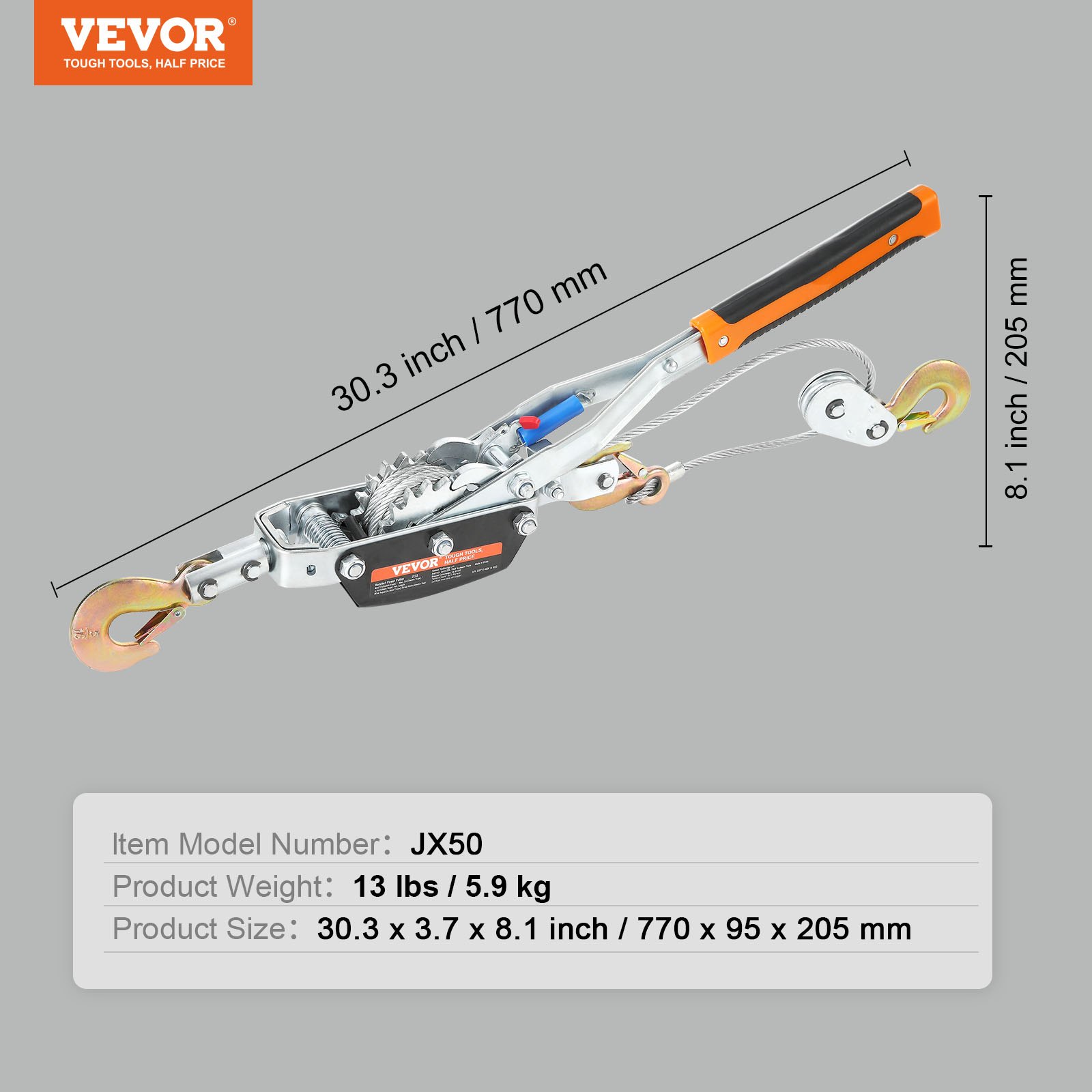 Cabrestante VEVOR Come Along, capacidad de tracción de 5 toneladas (11 023 lb), cable de acero de 11,5 pies, 3 ganchos, herramienta extractora de trinquete resistente con engranajes dobles, extractor de cable de elevación automotriz ideal para rescate de vehículos.