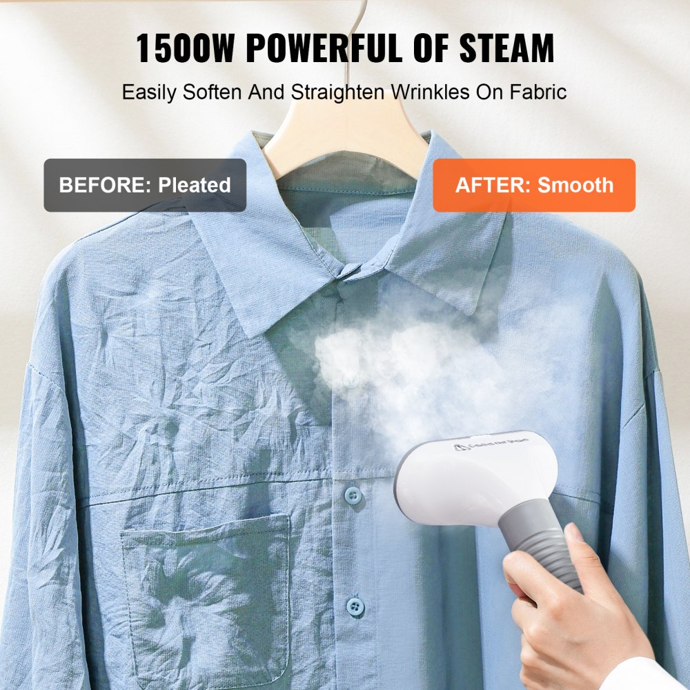 Mano usando el vaporizador vertical VEVOR para alisar las arrugas en una camisa azul, mostrando los resultados antes y después.