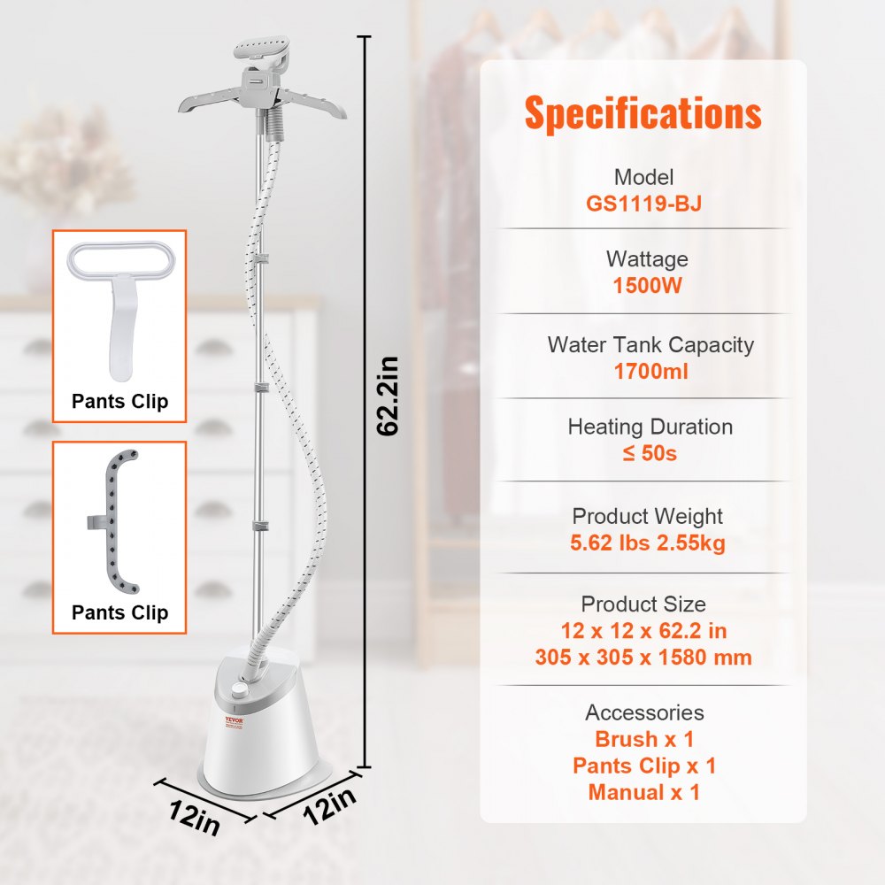 Especificaciones del vaporizador de pie VEVOR: 1500 W, tanque de 1700 ml, altura de 62,2 pulgadas, cepillo, clip para pantalones, manual incluido.
