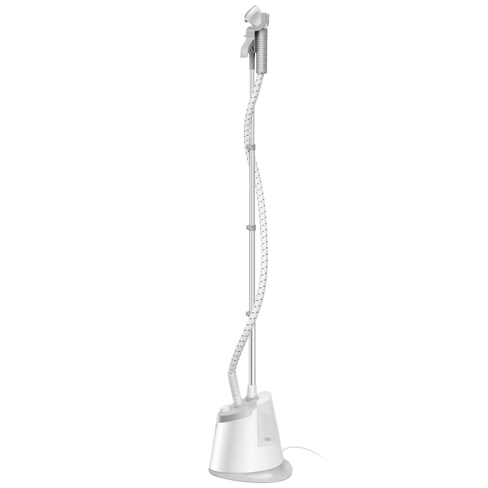 Vaporizador de pie VEVOR en color blanco con barra ajustable y manguera flexible sobre una base elegante.