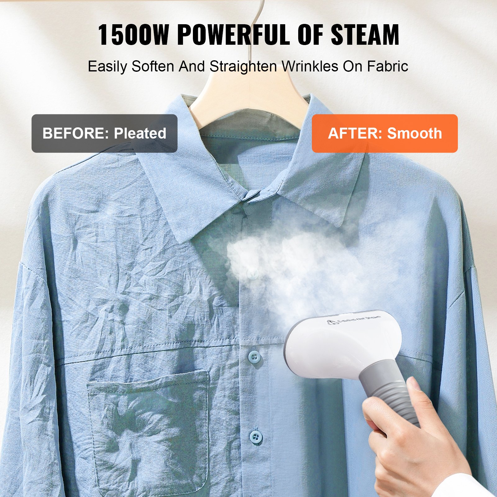 Mano usando el vaporizador vertical VEVOR para alisar las arrugas en una camisa azul, mostrando los resultados antes y después.