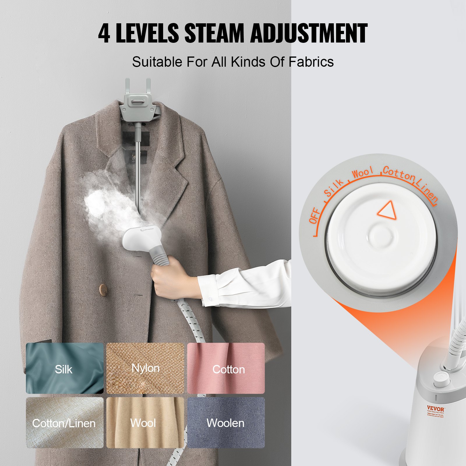 Vaporizador de pie VEVOR con ajuste de vapor de 4 niveles para tejidos como seda, algodón, lana y nailon.