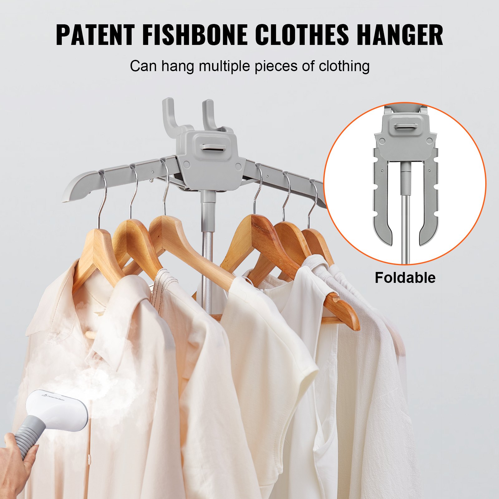 Vaporizador de pie VEVOR con percha patentada en forma de espina de pescado, que vaporiza una fila de camisas en perchas de madera.