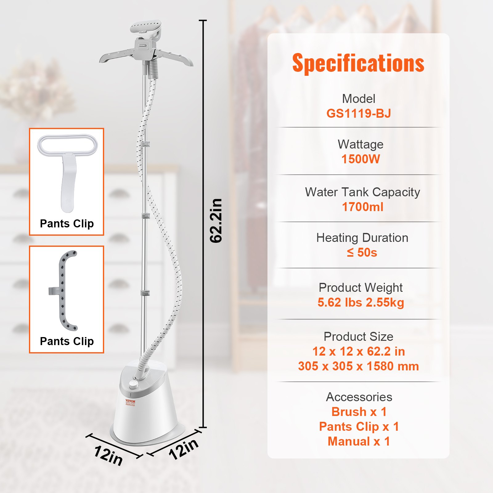 Especificaciones del vaporizador de pie VEVOR: 1500 W, tanque de 1700 ml, altura de 62,2 pulgadas, cepillo, clip para pantalones, manual incluido.