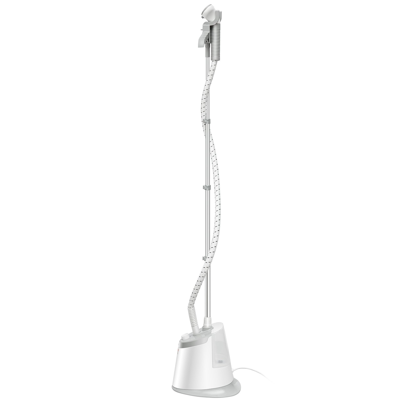 Vaporizador de pie VEVOR en color blanco con barra ajustable y manguera flexible sobre una base elegante.