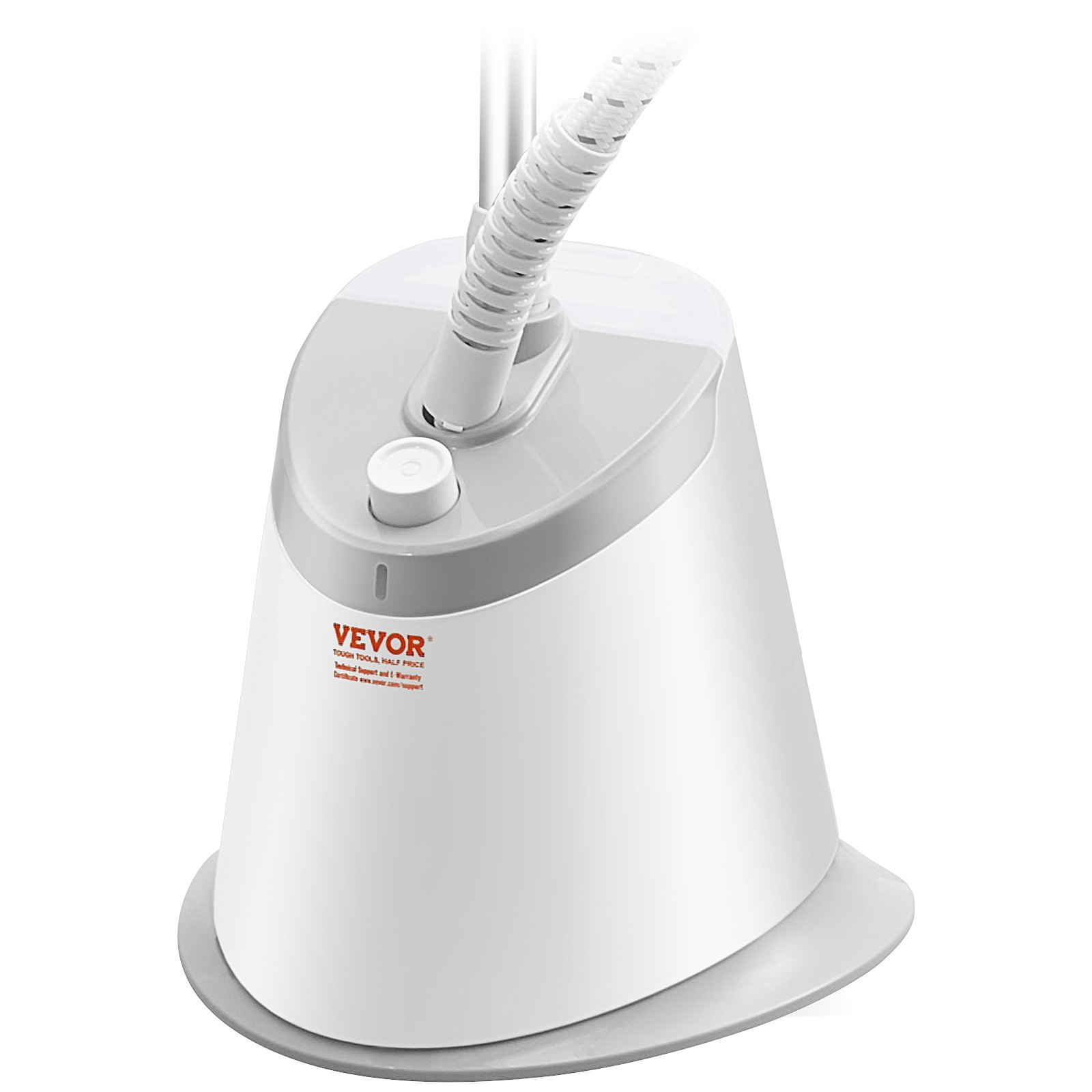 Vaporizador de pie VEVOR con elegante base blanca y manguera flexible para un vaporizado eficiente de las prendas.