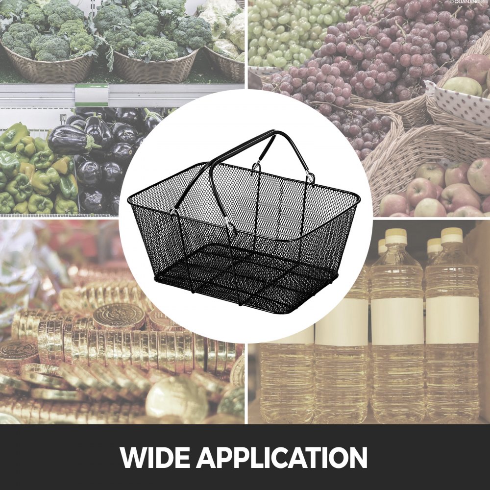 Cesta de la compra VEVOR negra con verduras, frutas, botellas de aceite y monedas en el fondo.