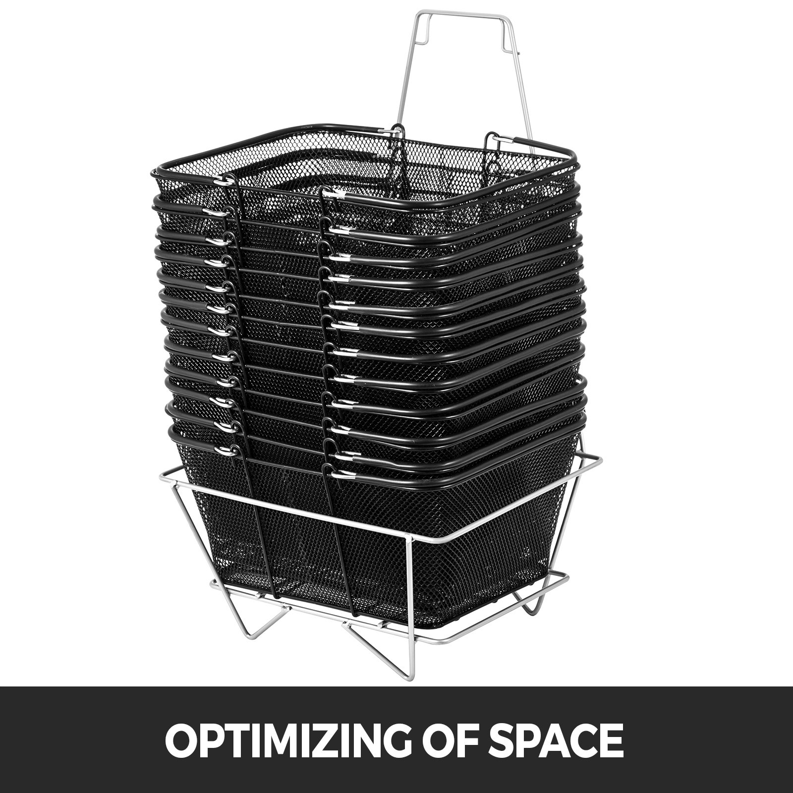 Cestas de compra VEVOR negras apiladas con estructura de metal, que resaltan la optimización del espacio.
