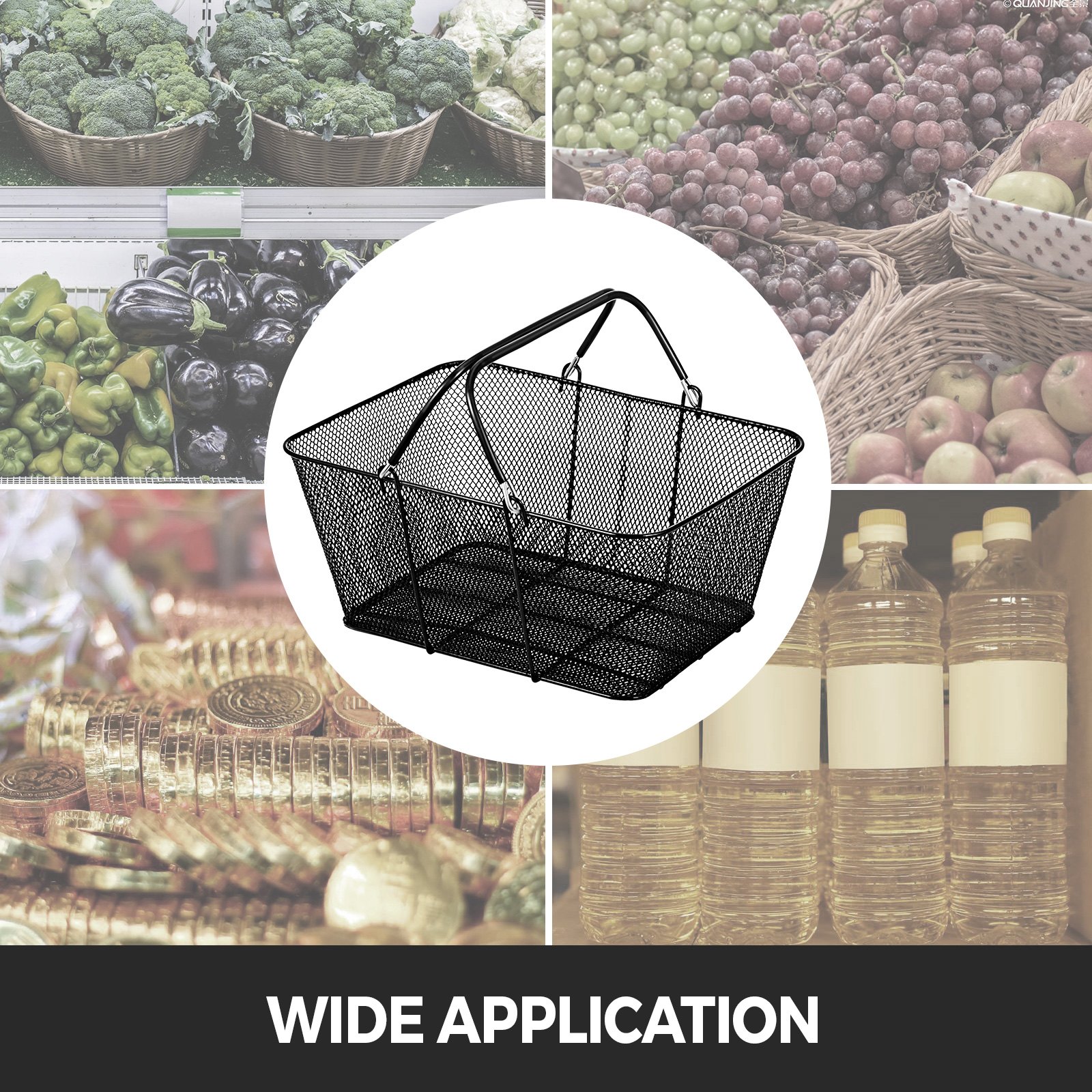 Cesta de la compra VEVOR negra con verduras, frutas, botellas de aceite y monedas en el fondo.
