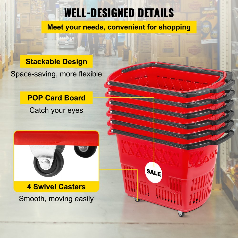 Cesta de compra de plástico VEVOR apilable con ruedas para moverla fácilmente en la tienda.