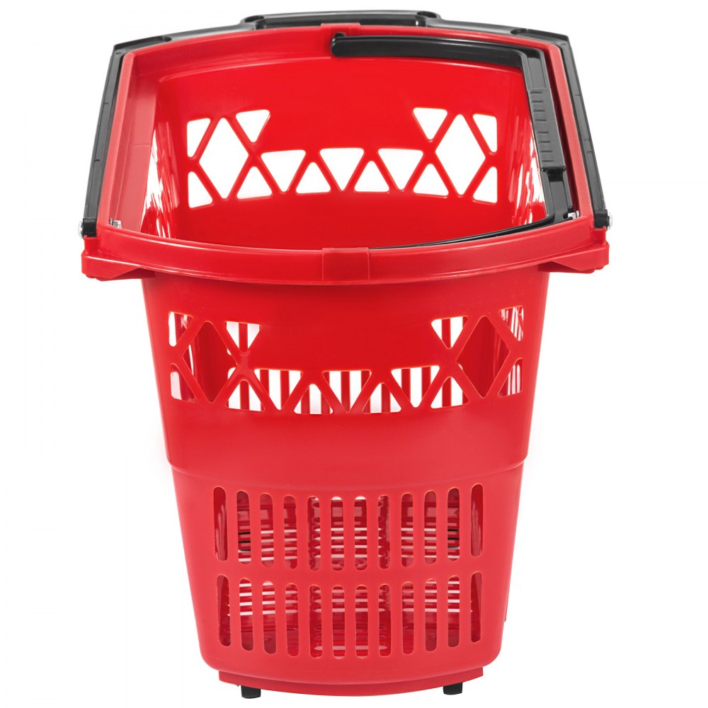 Cesta de compra con ruedas de plástico VEVOR de color rojo con asa negra y diseño recortado en forma de diamante.