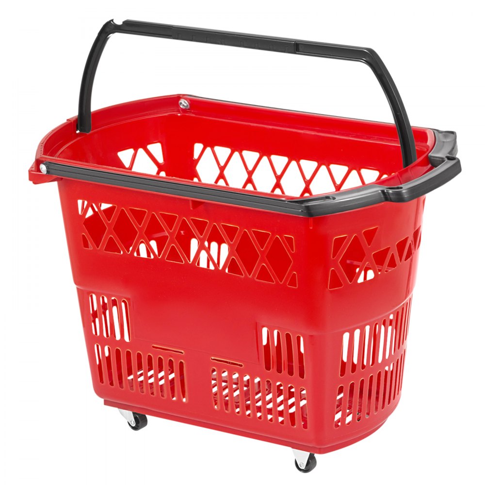 Cesta de compra con ruedas de plástico VEVOR de color rojo con asa y ruedas de color negro.