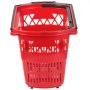 Cesta de compra con ruedas de plástico VEVOR de color rojo con asa negra y diseño recortado en forma de diamante.