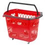 Cesta de compra con ruedas de plástico VEVOR de color rojo con asa y ruedas de color negro.