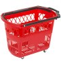 Cesta de compra con ruedas de plástico VEVOR de color rojo con asa negra y diseño de celosía.